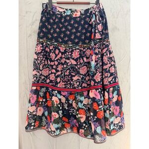 One September Anthropologie Floral Tiered‎ Midi Skirt M Mixed Media Cottage Navy